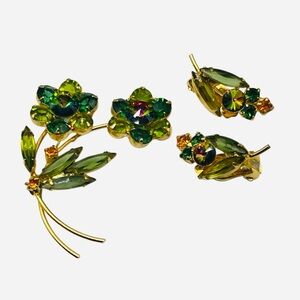 Vintage Green Watermelon Rivoli Flower Brooch and Earring Set